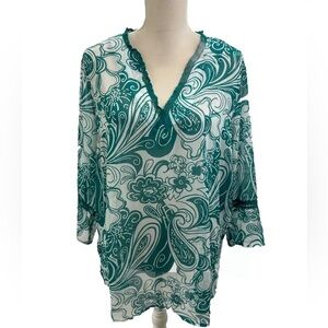 NWOT Susan Graver Retro Print Sheer Blouse 1X V Neck White Teal Crochet